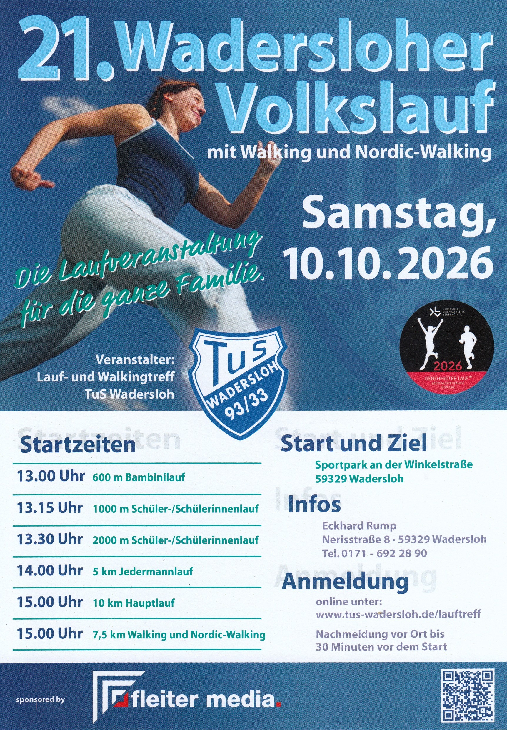 21. Wadersloher Volkslauf mit Walking und Nordic-Walking am 10. Oktober 2026 in Wadersloh